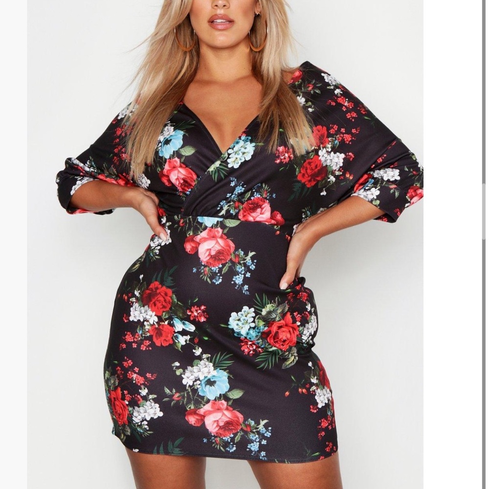 Boohoo Plus Floral Wrap Front Dress